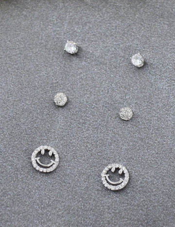 Saloni Fashion Jewellery Lavish Round and Smiley Shape CZ Brass Silver Plated Set of 3 Combo Stud Earring For Women and Girls