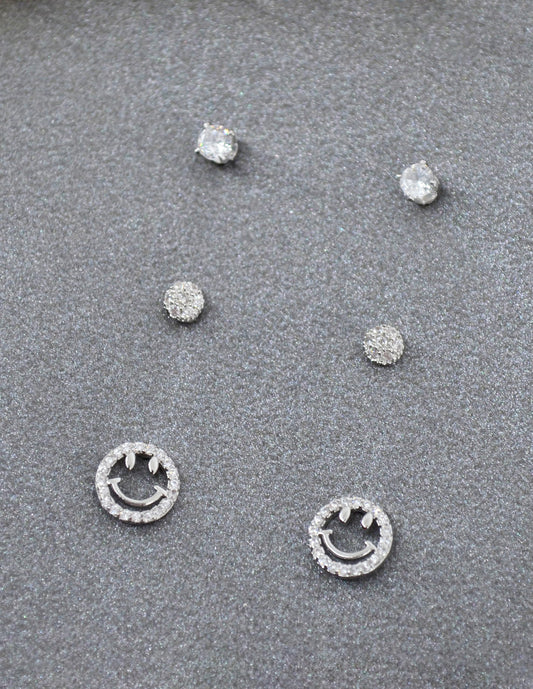 Saloni Fashion Jewellery Lavish Round and Smiley Shape CZ Brass Silver Plated Set of 3 Combo Stud Earring For Women and Girls