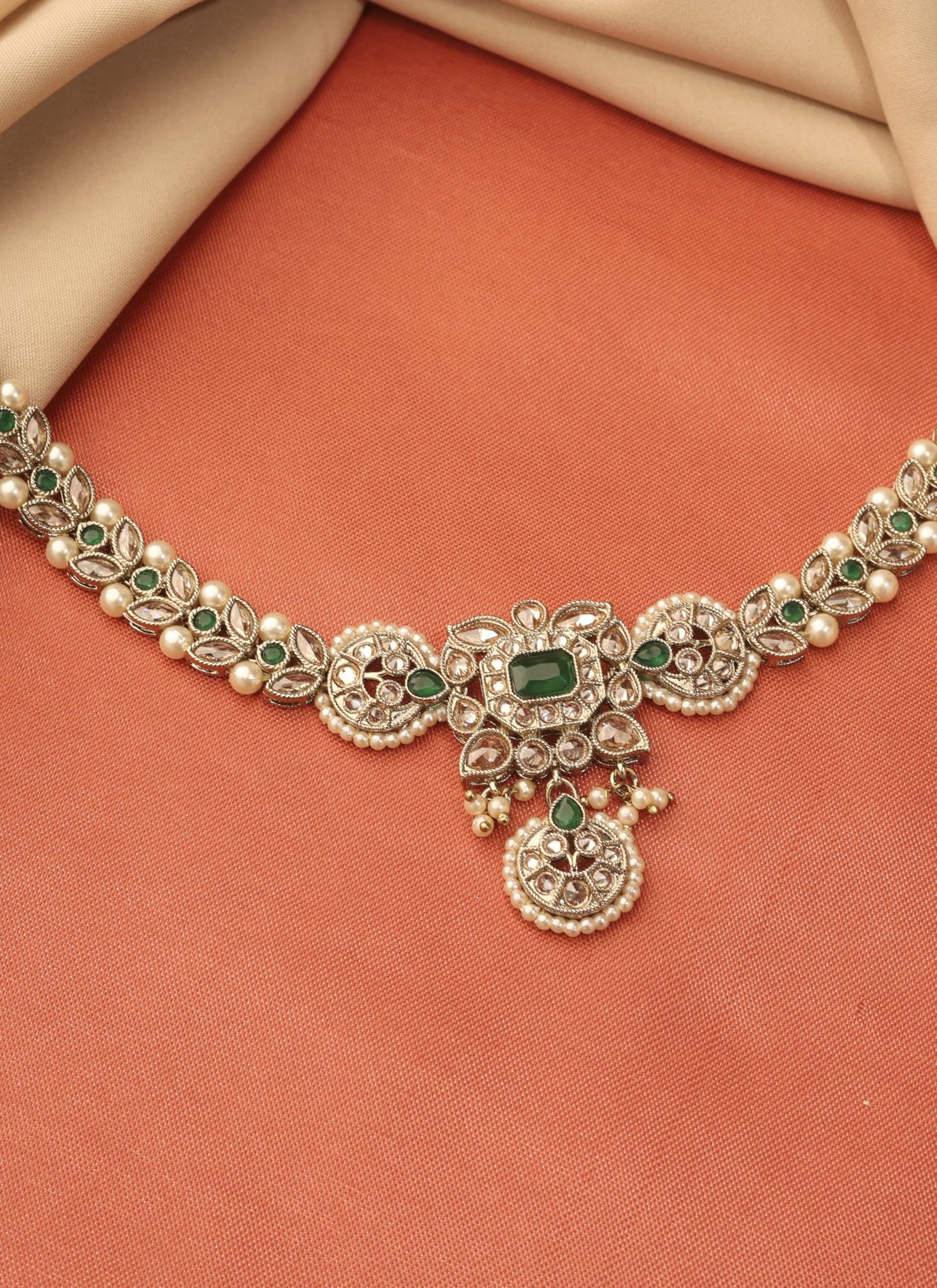 Saloni Fashion Jewellery Traditional Paisley and Leaf Design Pearl Green Kundan Stone Antique Gold Plated Kamarband For Women and Girls