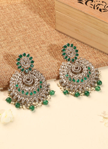 Saloni Fashion Jewellery Lavish Chandelier and Circle Shape Green Kundan Stone Antique Gold Plated Chandelier Earring For Women and Girls