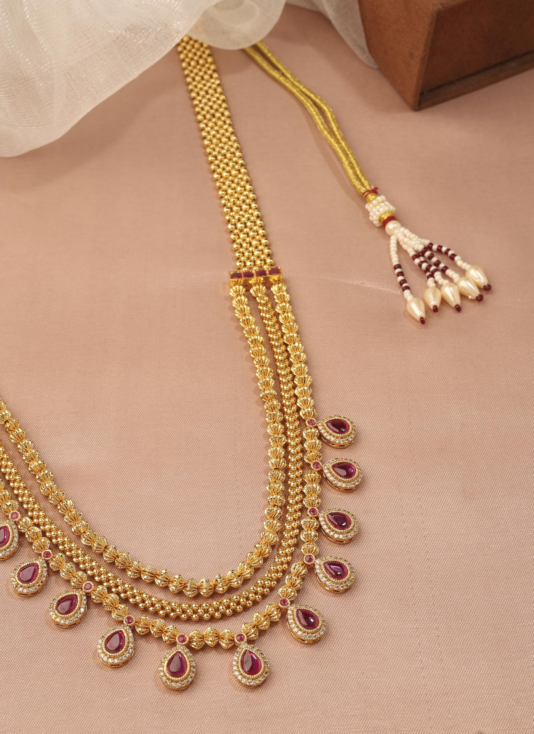 Saloni Fashion Jewellery Traditional Oval Shape Pink Kundan Stone 3 String Small Golden Balls Gold Plated Long Haram Brass Necklace For Women and Girls