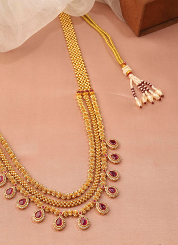 Saloni Fashion Jewellery Traditional Oval Shape Pink Kundan Stone 3 String Small Golden Balls Gold Plated Long Haram Brass Necklace For Women and Girls