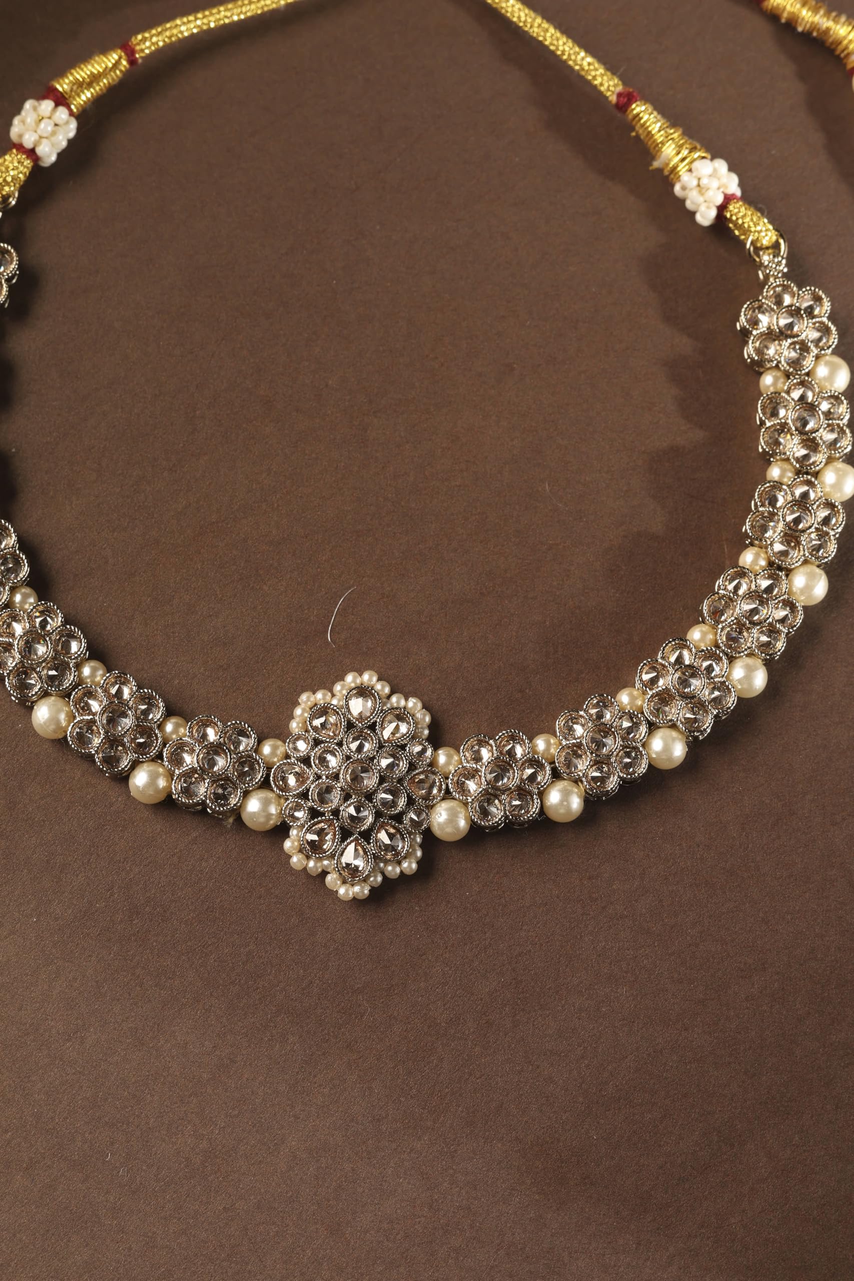 Saloni Fashion Jewellery Trendy Flower Shape Pearl Brown Kundan Stone Antique Gold Plated Choker Necklace Set with Maang Tikka For Women and Girls