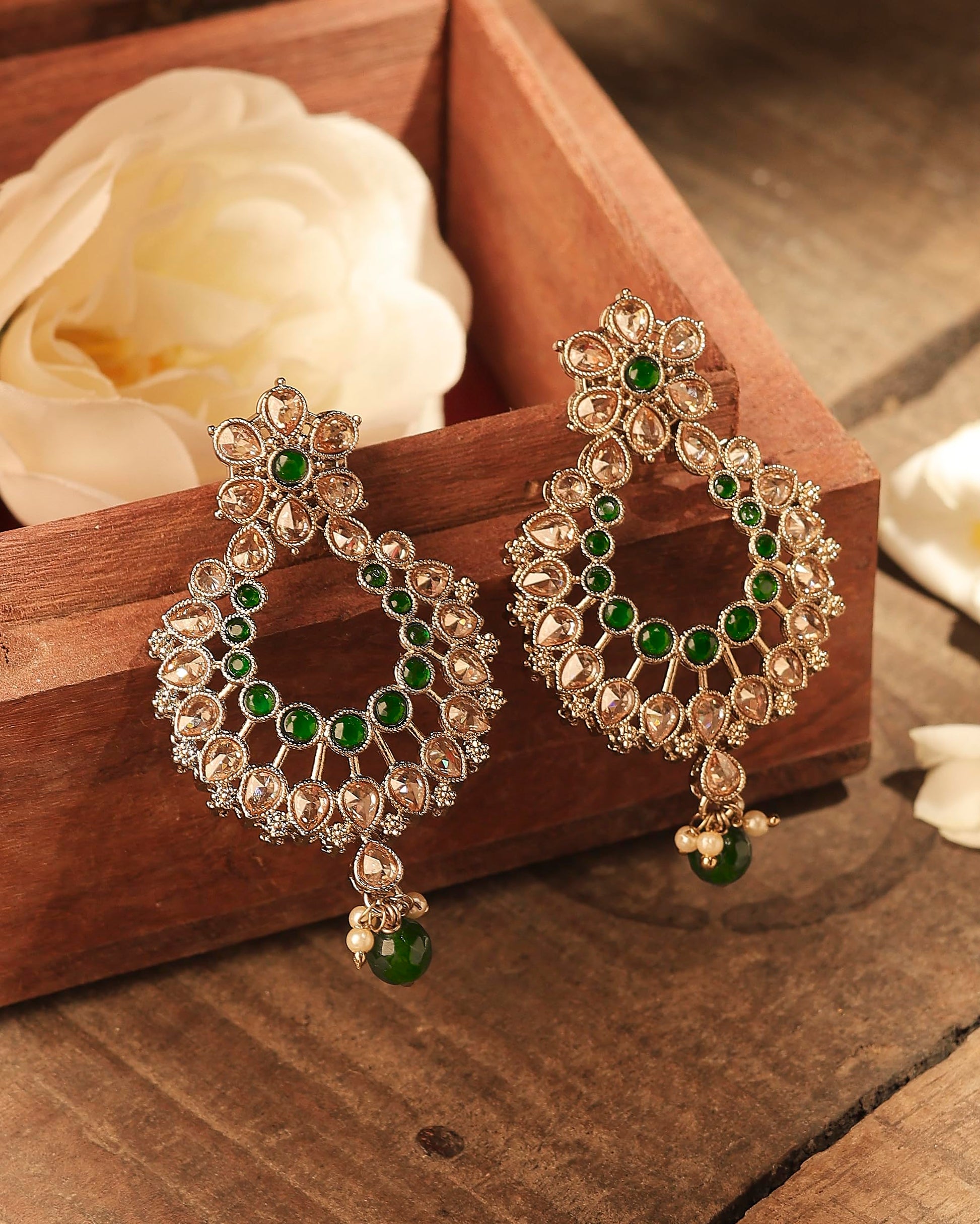 Saloni Fashion Jewellery Graceful Pear and Flower Design Gold Plated Green Kundan Stone Chandelier Earring For Women and Girls