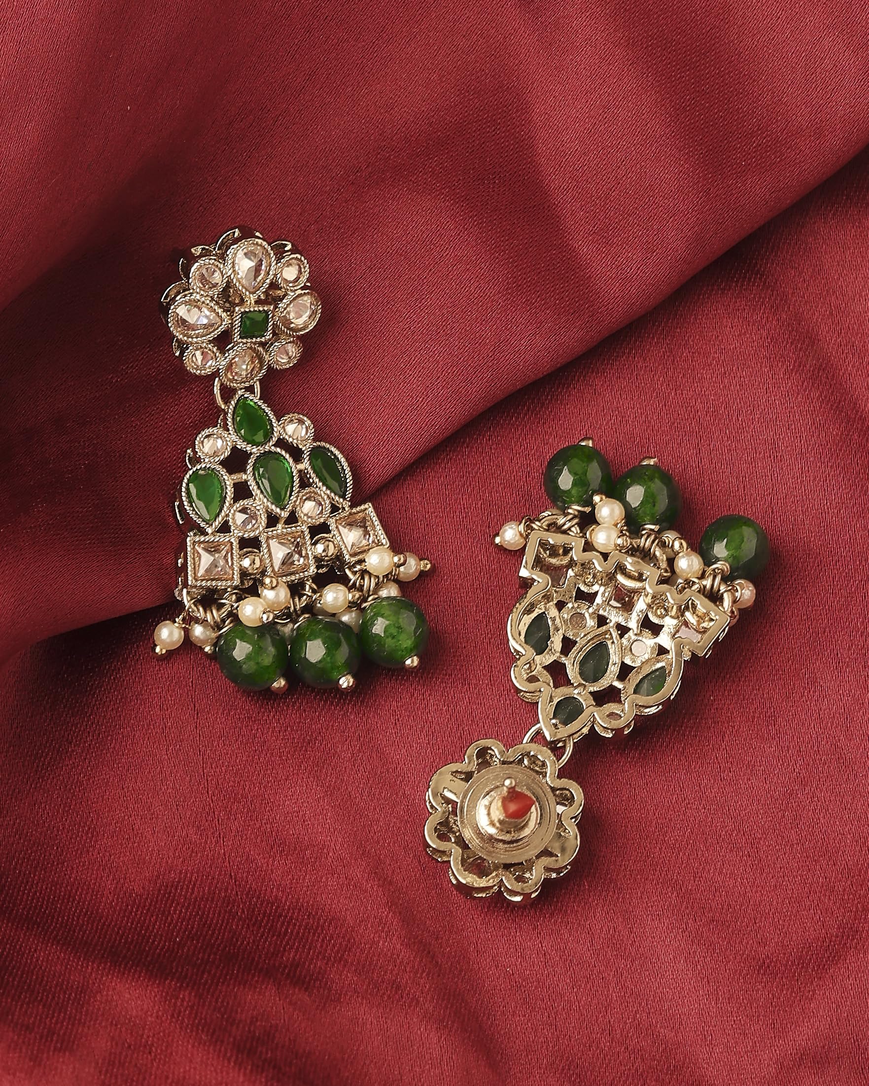 Saloni Fashion Jewellery Attractive Pear and Round Shape Gold Plated Green Kundan Stone Dangle Earring For Women and Girls