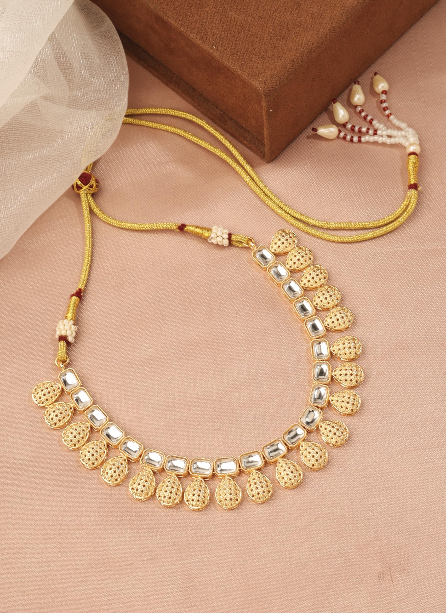 Saloni Fashion Jewellery Pleasing Oval and Sqaure Shape White Kundan Stone Gold Plated Choker Brass Necklace With Maang Tikka For Women and Girls