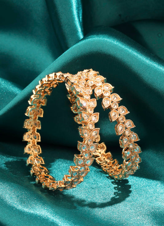 Saloni Fashion Jewellery Glimmery Leaf Design White Kundan Stone Gold Plated Set Of 2 Bangle Set For Women and Girls