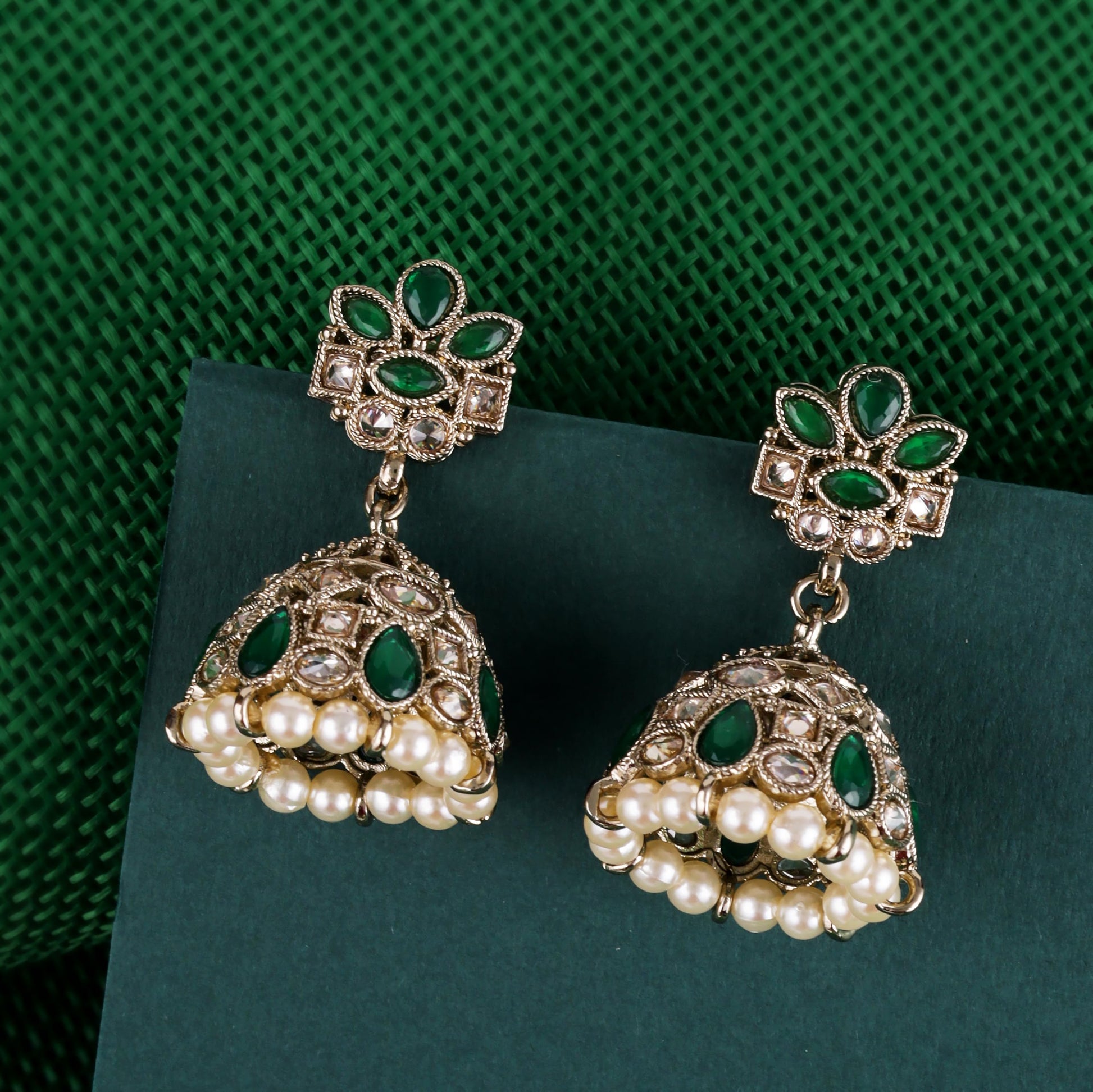 Saloni Fashion Jewellery Appealing Flower Design Green Uncut Kundan Stone Antique Gold Plated Jhumki Earring For Women and Girls