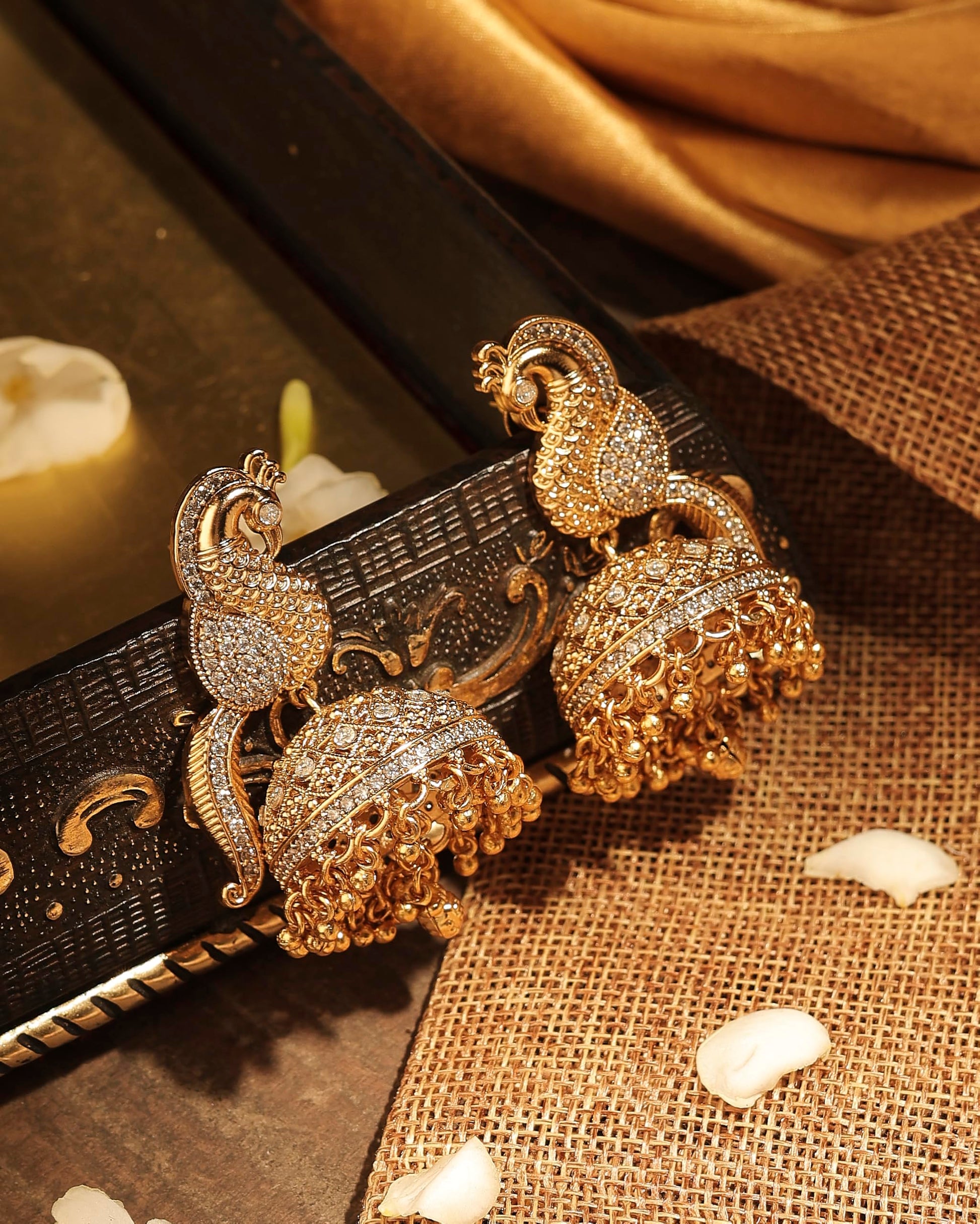 Saloni Fashion Jewellery Pleasing Peacock Design Gold Plated CZ Studded Small Golden Balls Brass Jhumki Earring For Women and Girls