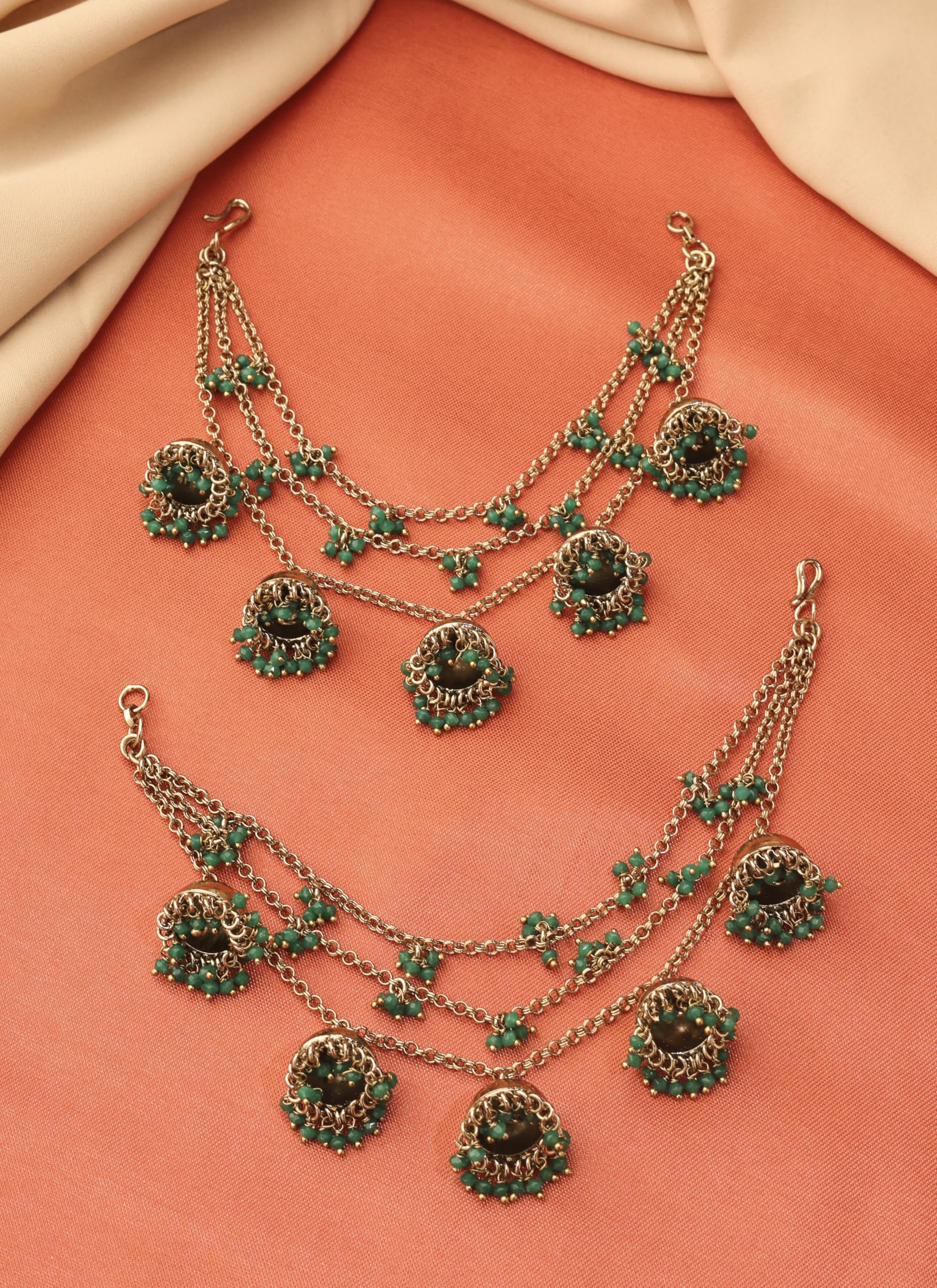 Saloni Fashion Jewellery Marvellous Latkan Jhumki 3 String Chain Green Pearl Antique Gold Plated Thread Earring Brass Kaan Chain For Women and Girls