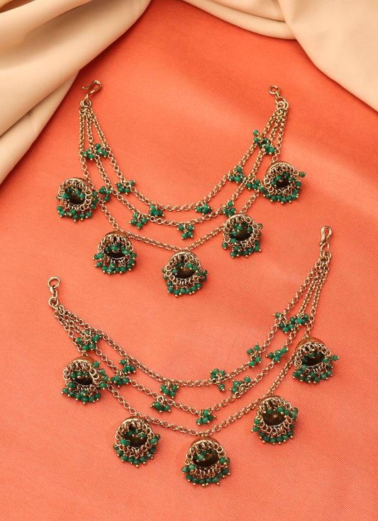 Saloni Fashion Jewellery Marvellous Latkan Jhumki 3 String Chain Green Pearl Antique Gold Plated Thread Earring Brass Kaan Chain For Women and Girls