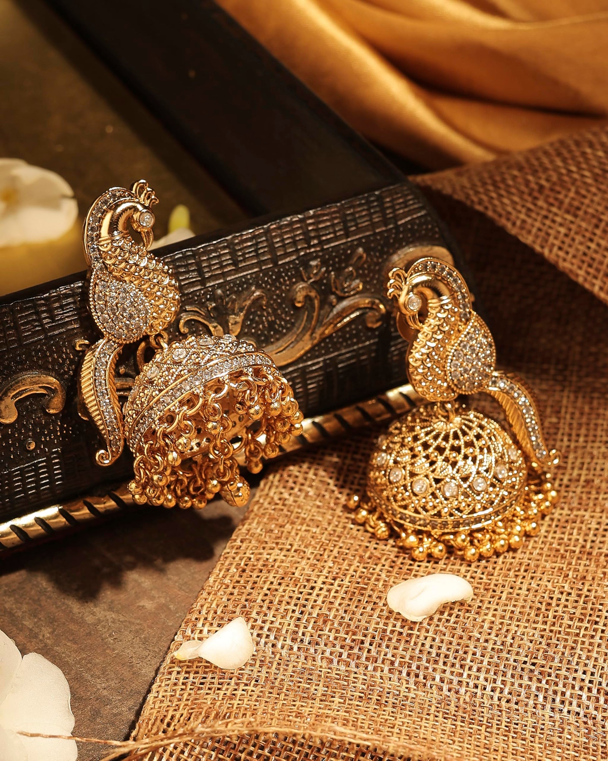 Saloni Fashion Jewellery Pleasing Peacock Design Gold Plated CZ Studded Small Golden Balls Brass Jhumki Earring For Women and Girls