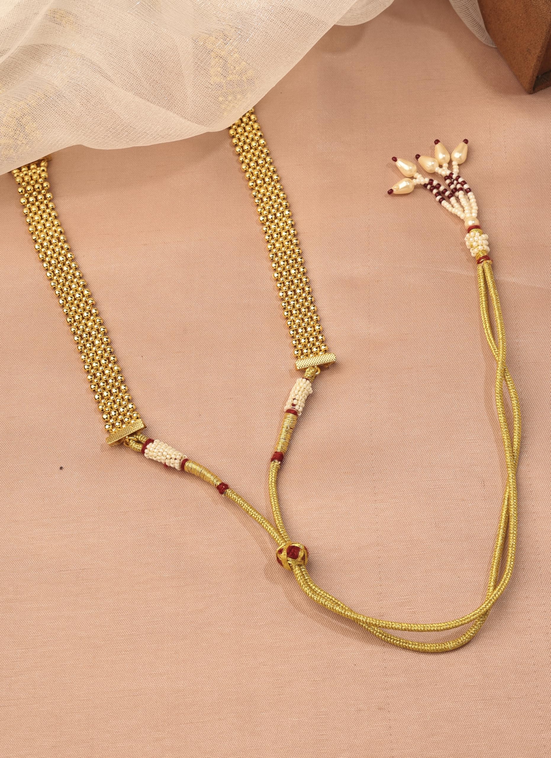 Saloni Fashion Jewellery Traditional Oval Shape Pink Kundan Stone 3 String Small Golden Balls Gold Plated Long Haram Brass Necklace For Women and Girls
