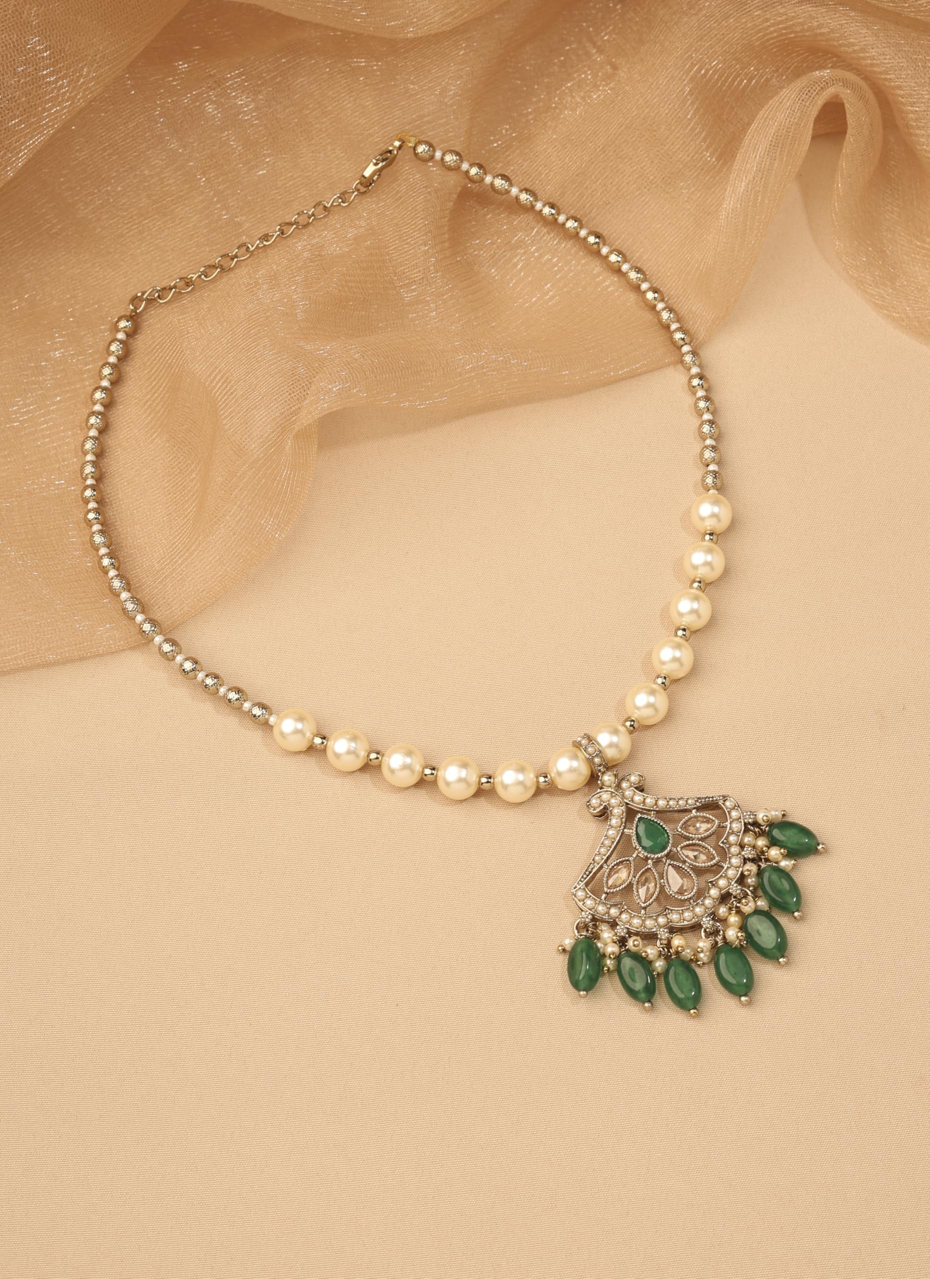 Saloni Fashion Jewellery Trendy Flower Design Small Golden Balls and Pearl Antique Gold Plated Choker Necklace Mala Set For Women and Girls