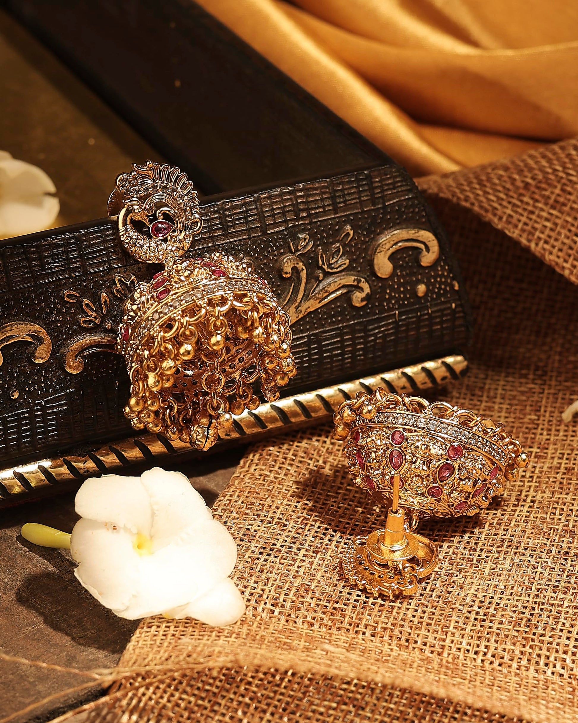 Saloni Fashion Jewellery Royal Peacock Design Gold Plated Ruby Kundan Stone Small Golden Balls Brass Jhumki Earring For Women and Girls