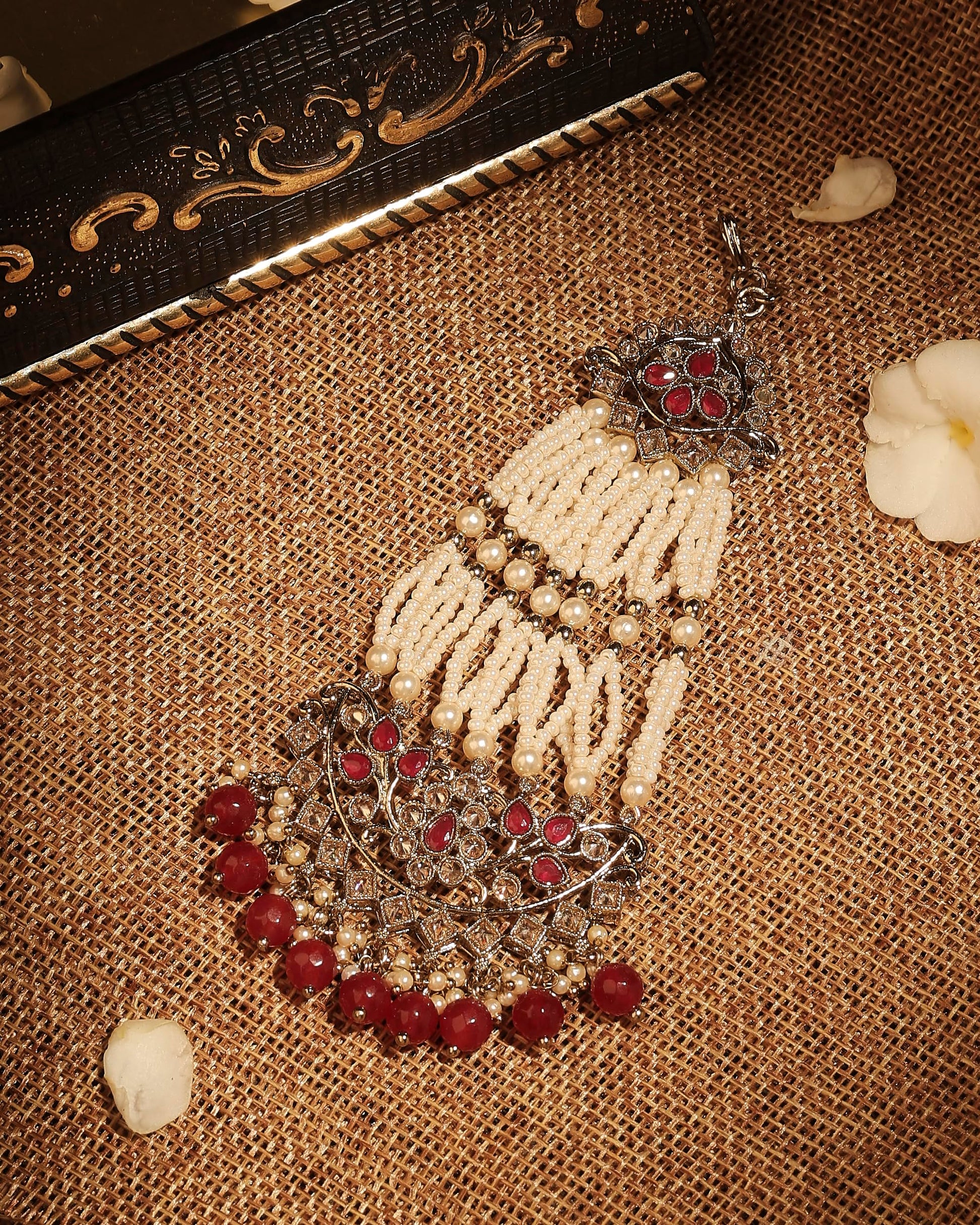 Saloni Fashion Jewellery Pretty Flower and Leaf Design Gold Plated Lariat Pearl Ruby Kundan Stone Passa/Matha Patti For Women and Girls