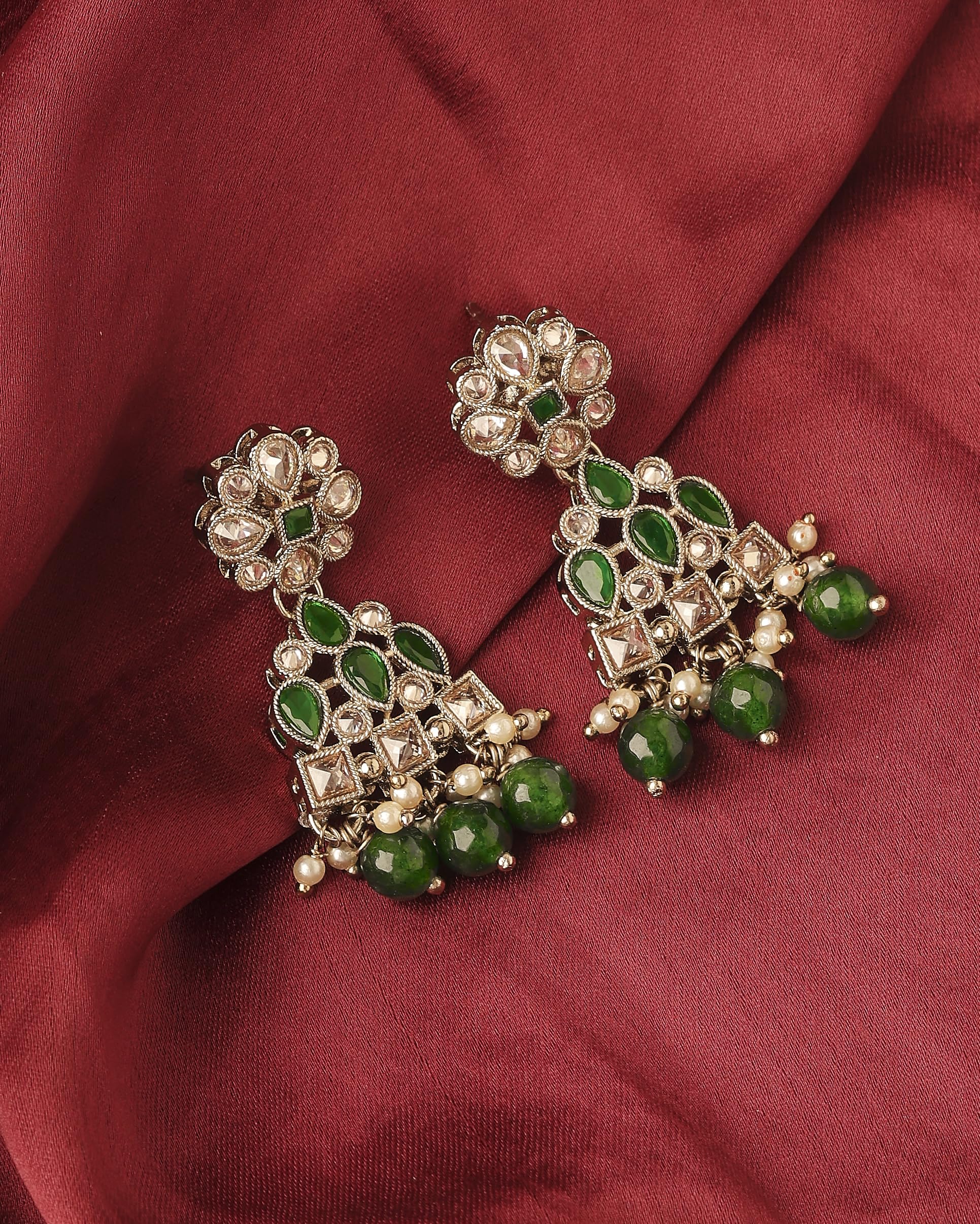 Saloni Fashion Jewellery Attractive Pear and Round Shape Gold Plated Green Kundan Stone Dangle Earring For Women and Girls