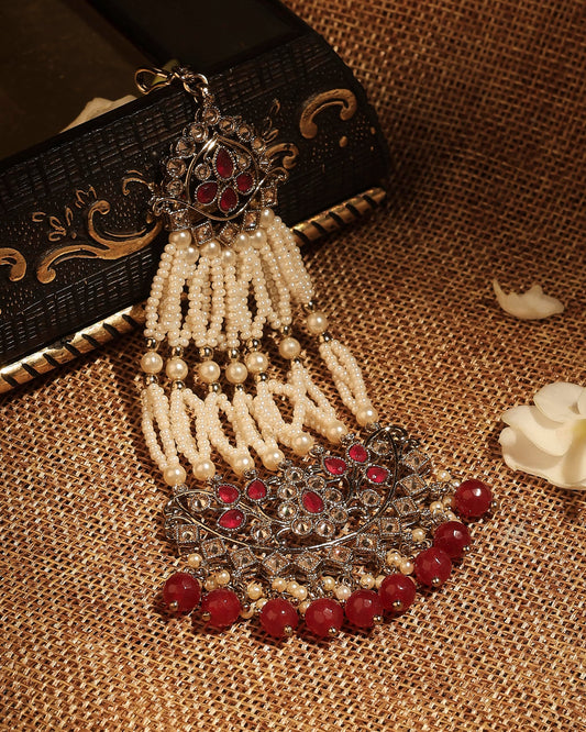 Saloni Fashion Jewellery Pretty Flower and Leaf Design Gold Plated Lariat Pearl Ruby Kundan Stone Passa/Matha Patti For Women and Girls