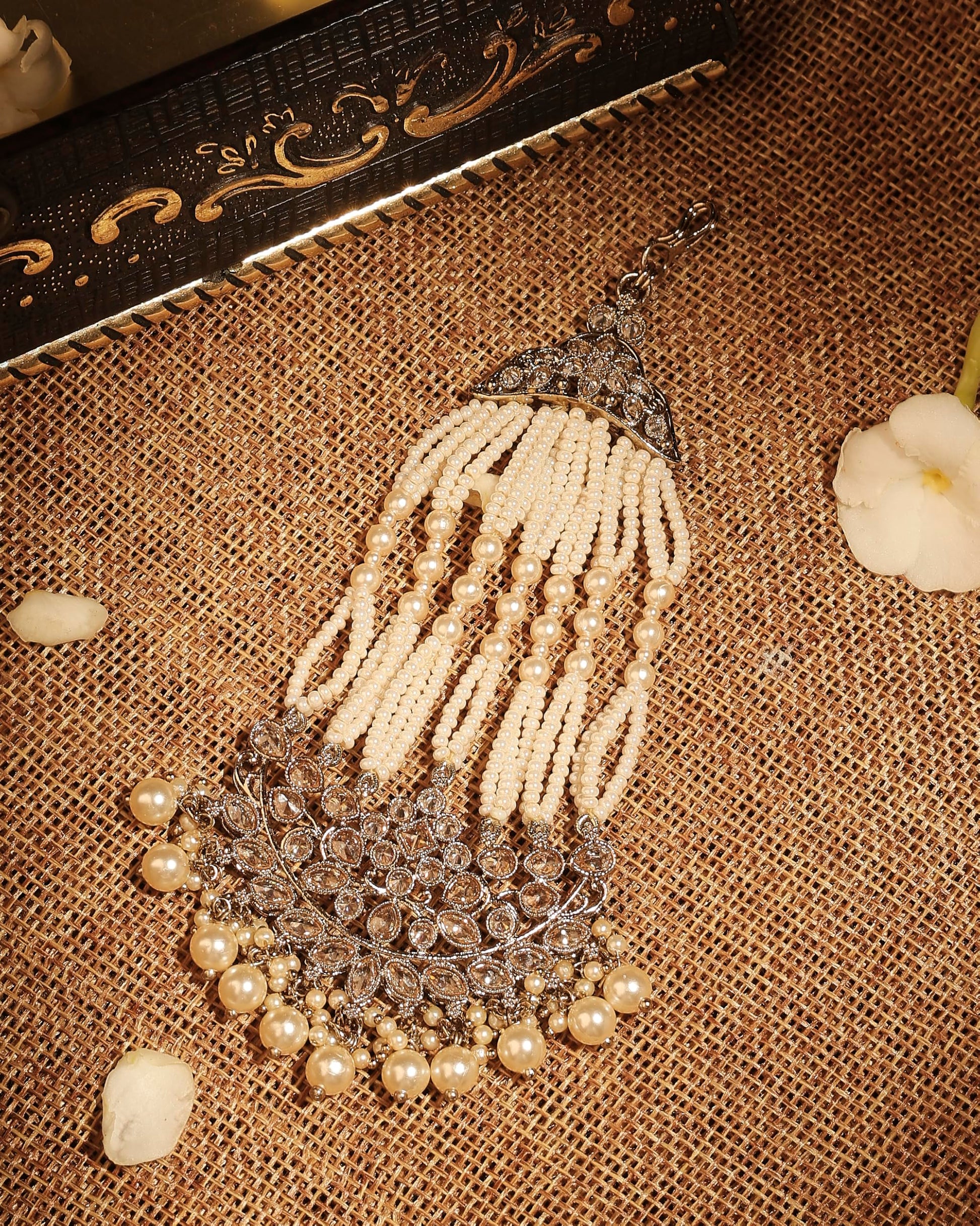 Saloni Fashion Jewellery Lovely Flower and Oval Shape Gold Plated Lariat Pearl Brown Kundan Stone Passa/Matha Patti For Women and Girls
