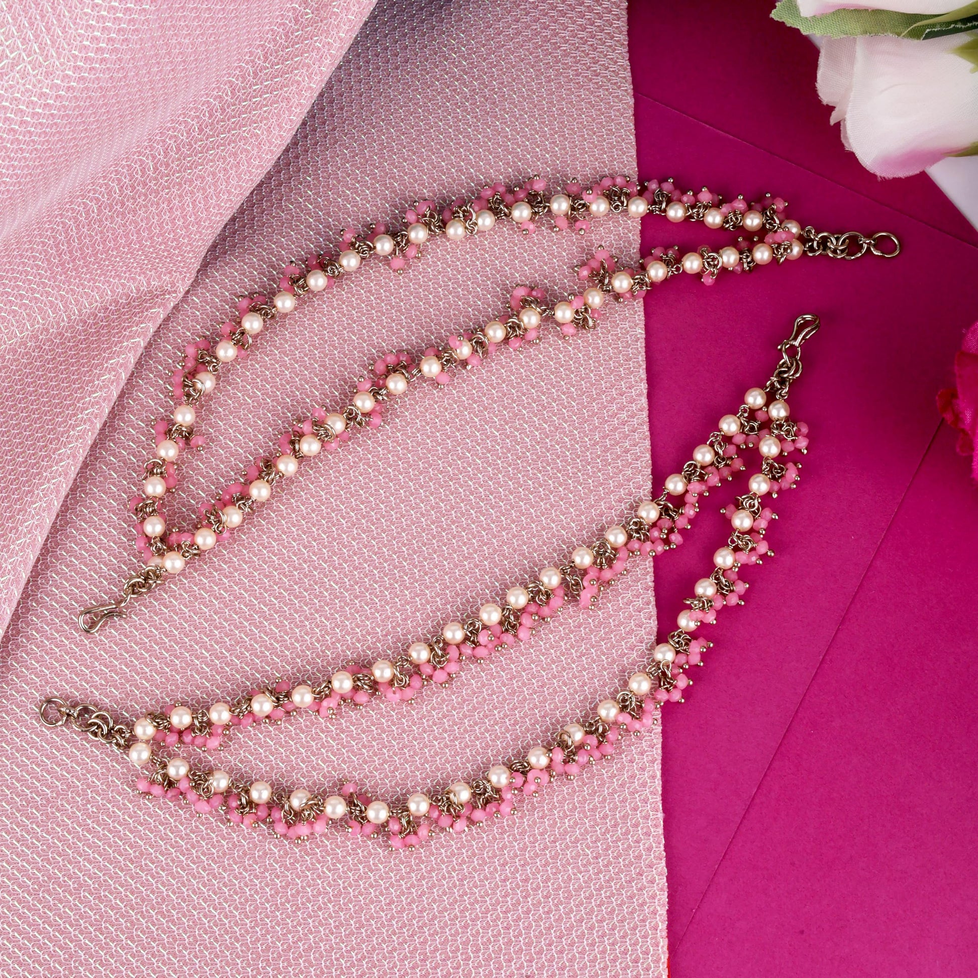 Saloni Fashion Jewellery Astonish Mother of Pearl Pink 2 String Antique Gold Plated Set Of 2 Brass Ear-Chain (Kaanchain) For Women and Girls