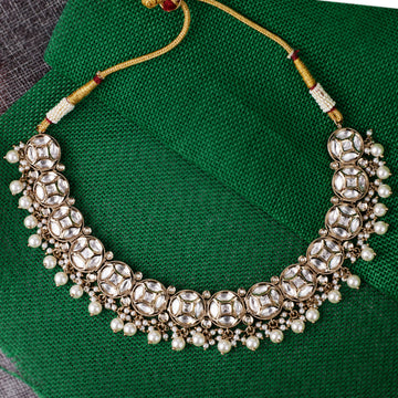 Saloni Fashion Jewellery Desirable Round Shape Mother of Pearl Uncut Kundan Stone Gold Plated Brass Choker Necklace Set For Women and Girls