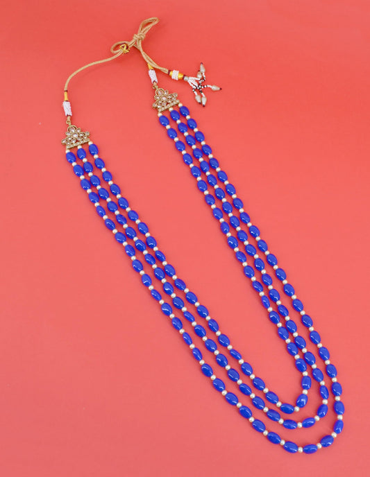 Saloni Fashion Jewellery Blue Mother of Pearls 3 Layered Gold Plated Long Haram Necklace Pearl Mala For Women and Girls