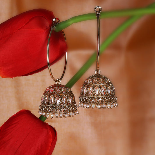 Saloni Fashion Jewellery Brown Stone and Pearl Gold Plated Brass Jhumki Earring For Women