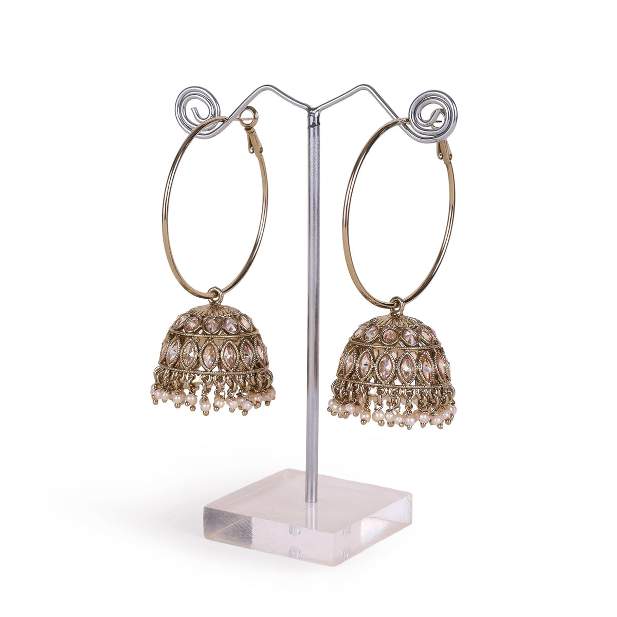 Saloni Fashion Jewellery Brown Stone and Pearl Gold Plated Brass Jhumki Earring For Women