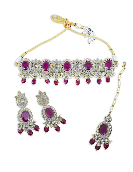 Saloni Fashion Jewellery Circle and Leaf Design Red Uncut Kundan Gold Plated Collar Necklace Set with Maangtikka For Women and Girls