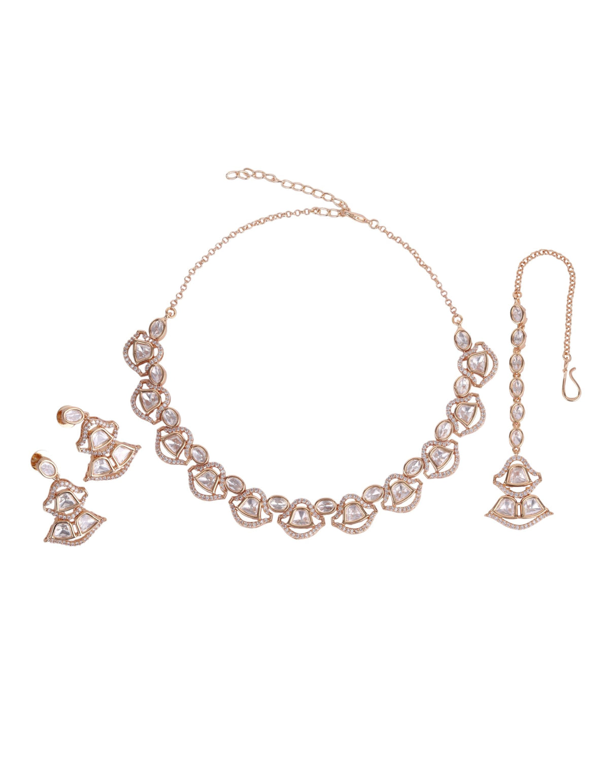 Saloni Fashion Jewellery Circle and Triangle Shape Uncut Kundan Stone Antique Gold Plated Brass Choker Necklace Set with Maang Tikka For Women and Girls