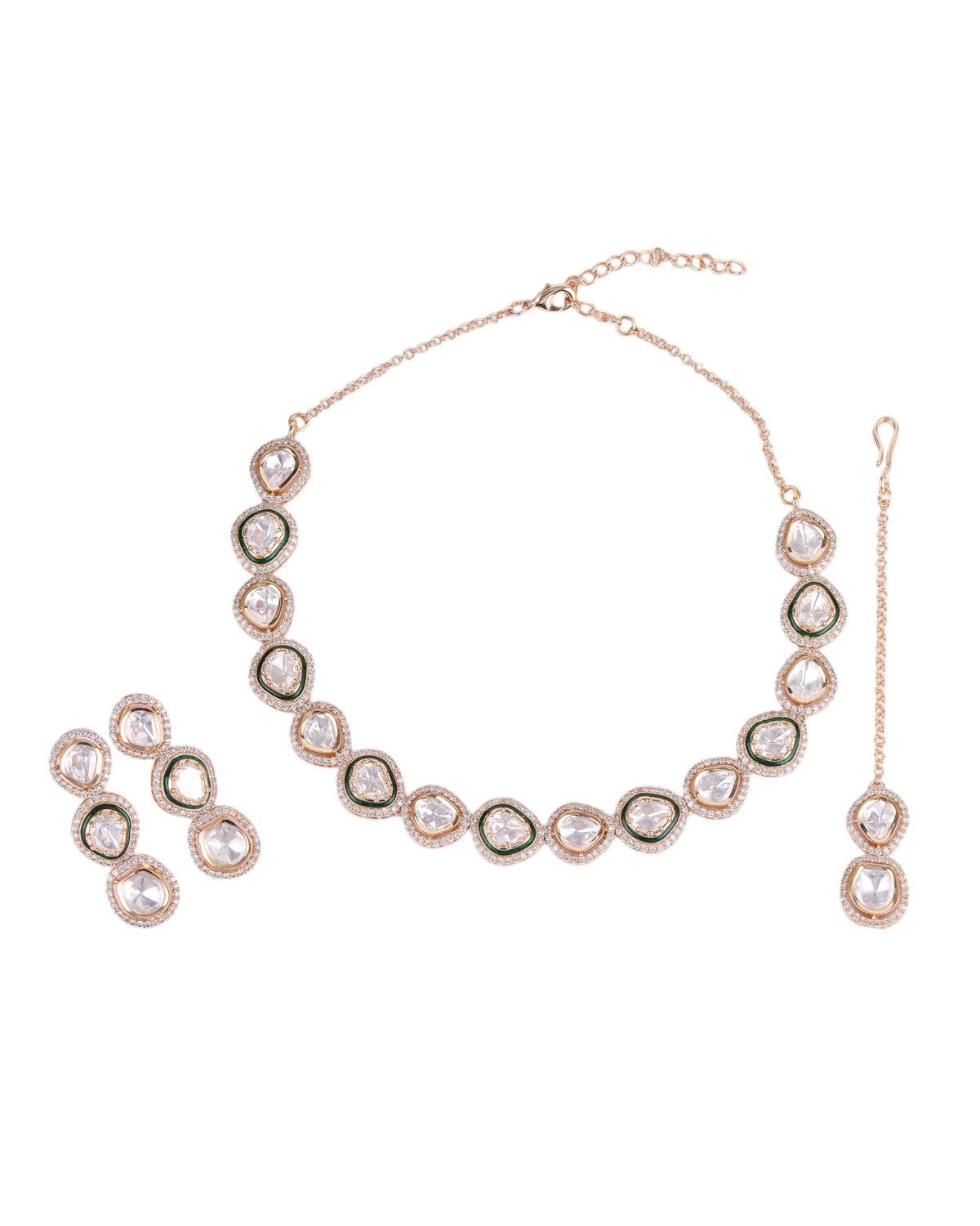 Saloni Fashion Jewellery Circle Shape CZ Studded Uncut Kundan Stone Rose Gold Plated Brass Choker Necklace Set with Maang Tikka For Women and Girls