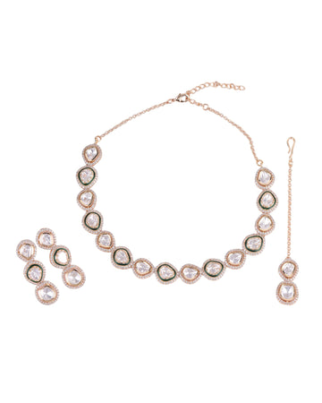 Saloni Fashion Jewellery Circle Shape CZ Studded Uncut Kundan Stone Rose Gold Plated Brass Choker Necklace Set with Maang Tikka For Women and Girls