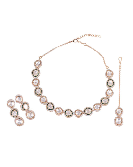 Saloni Fashion Jewellery Circle Shape CZ Studded Uncut Kundan Stone Rose Gold Plated Brass Choker Necklace Set with Maang Tikka For Women and Girls