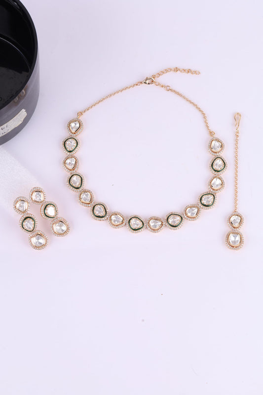 Saloni Fashion Jewellery Circle Shape CZ Studded Uncut Kundan Stone Rose Gold Plated Brass Choker Necklace Set with Maang Tikka For Women and Girls