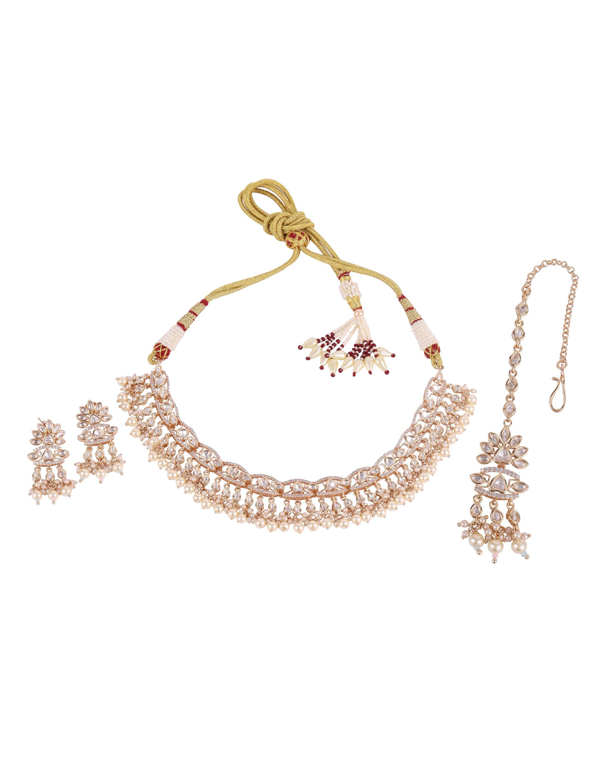 Saloni Fashion Jewellery CZ Studded Latkan Pearl Uncut Kundan Stone Rose Gold Plated Brass Choker Necklace Set with Maang Tikka For Women and Girls