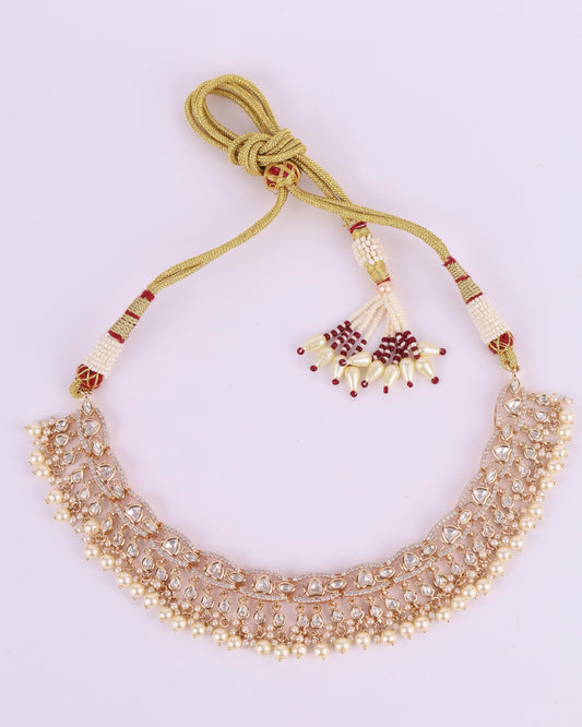 Saloni Fashion Jewellery CZ Studded Latkan Pearl Uncut Kundan Stone Rose Gold Plated Brass Choker Necklace Set with Maang Tikka For Women and Girls