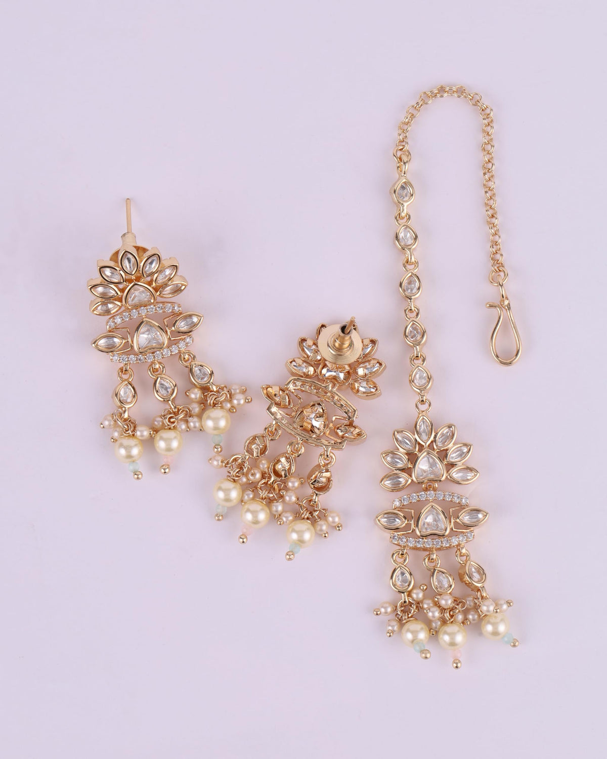 Saloni Fashion Jewellery CZ Studded Latkan Pearl Uncut Kundan Stone Rose Gold Plated Brass Choker Necklace Set with Maang Tikka For Women and Girls