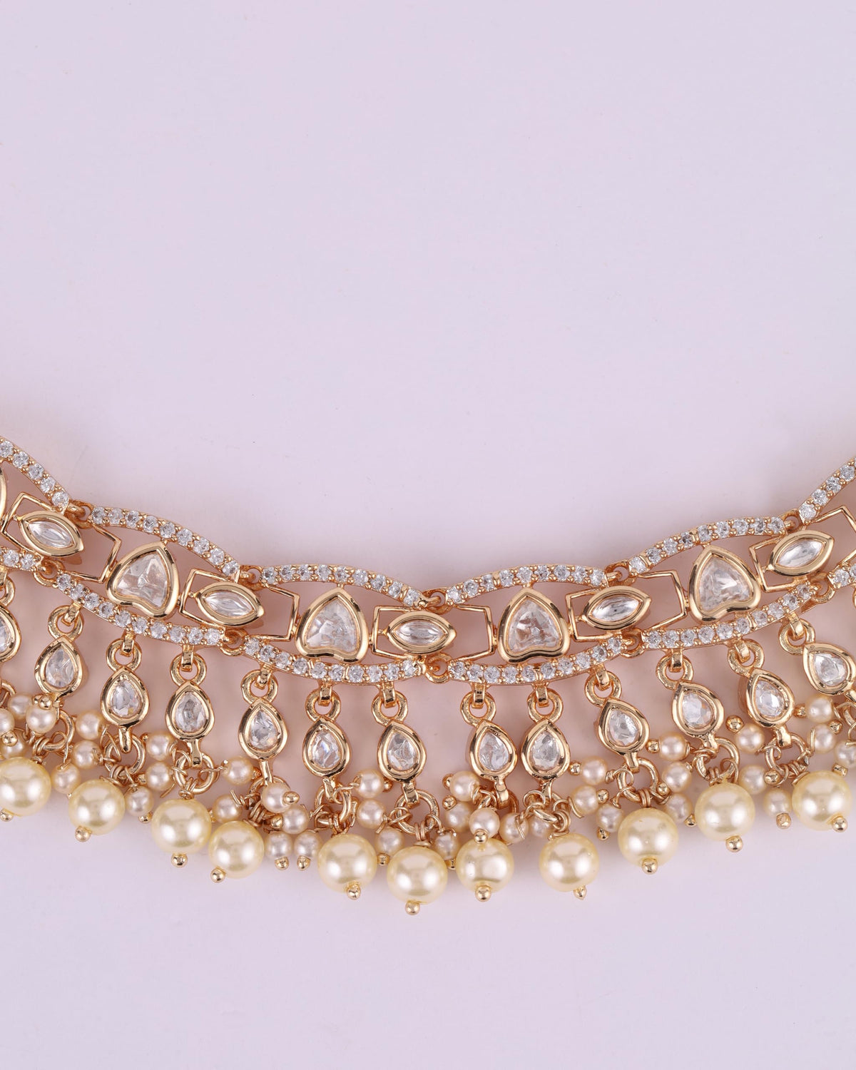 Saloni Fashion Jewellery CZ Studded Latkan Pearl Uncut Kundan Stone Rose Gold Plated Brass Choker Necklace Set with Maang Tikka For Women and Girls
