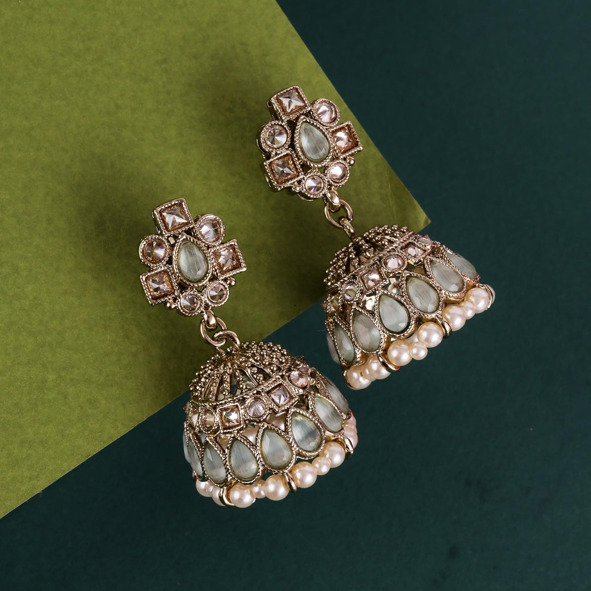 Saloni Fashion Jewellery Designer Oval Shape Sky Blue Uncut Kundan Stone Antique Gold Plated Jhumki Earring For Women and Girls - view 5
