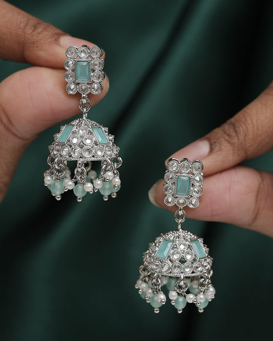 Saloni Fashion Jewellery Designer Square Shape Silver Plated Sky Blue Kundan Stone Jhumki Earring For Women and Girls