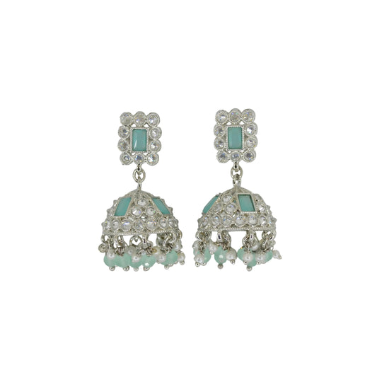 Saloni Fashion Jewellery Designer Square Shape Silver Plated Sky Blue Kundan Stone Jhumki Earring For Women and Girls