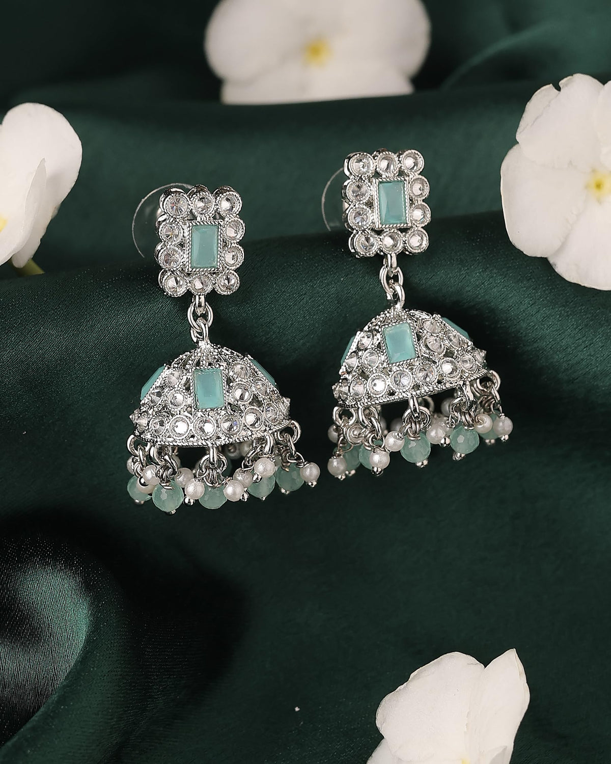Saloni Fashion Jewellery Designer Square Shape Silver Plated Sky Blue Kundan Stone Jhumki Earring For Women and Girls - view 3
