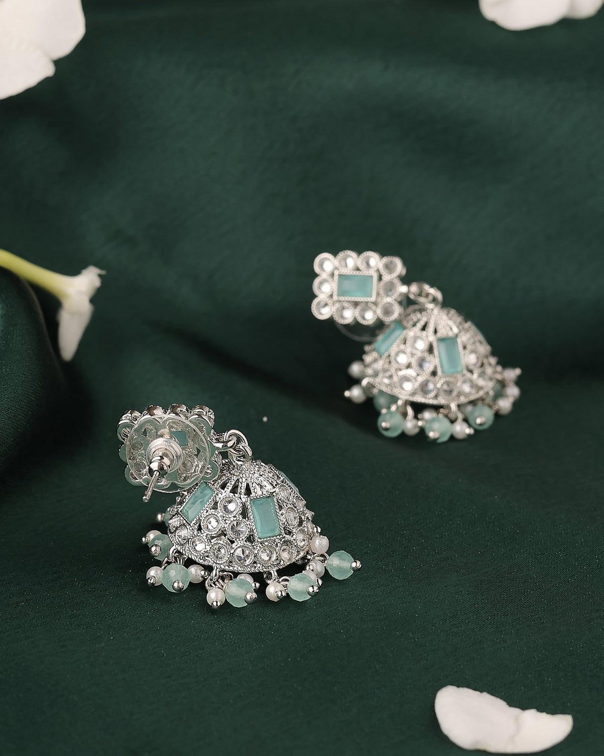 Saloni Fashion Jewellery Designer Square Shape Silver Plated Sky Blue Kundan Stone Jhumki Earring For Women and Girls - view 4