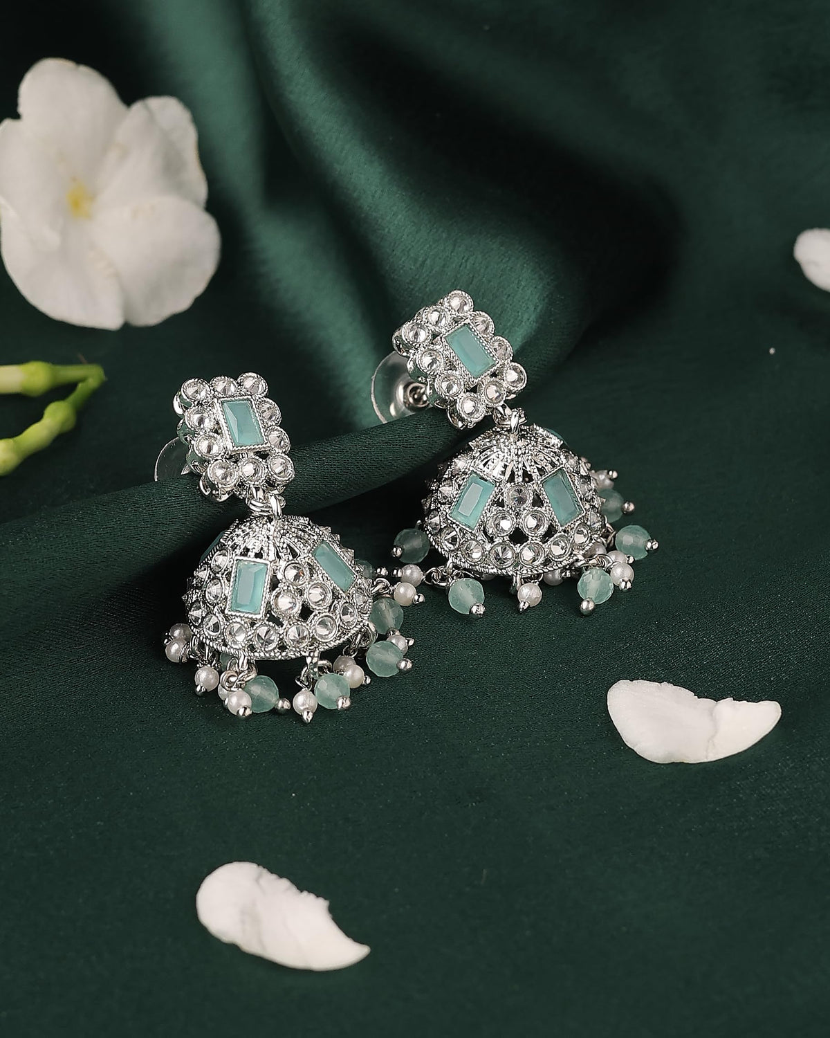 Saloni Fashion Jewellery Designer Square Shape Silver Plated Sky Blue Kundan Stone Jhumki Earring For Women and Girls - view 6