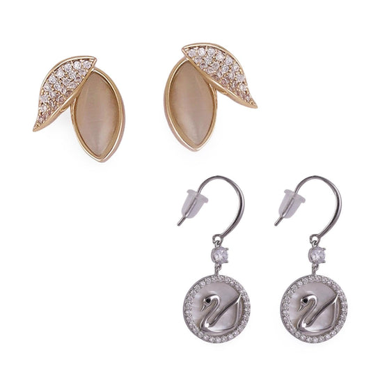 Saloni Fashion Jewellery Embedded Circle Swan Silver Plated Combo Set of 2 Stud Earring For Women