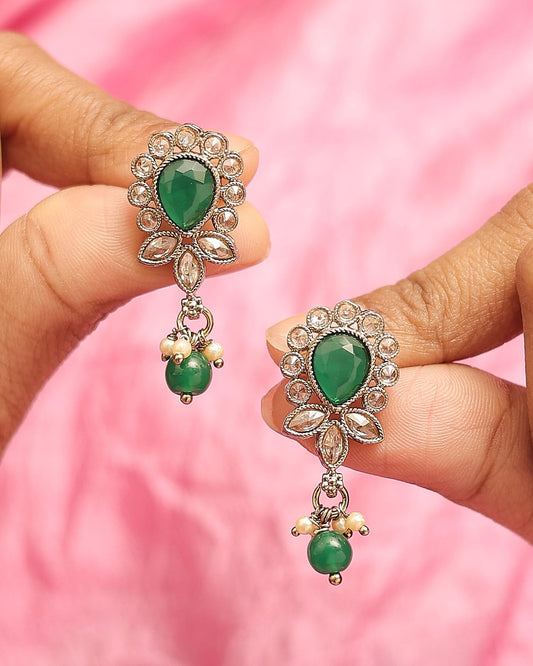 Saloni Fashion Jewellery Ethnic Oval and Leaf Design Gold Plated Green Kundan Stone Dangle Earring For Women and Girls