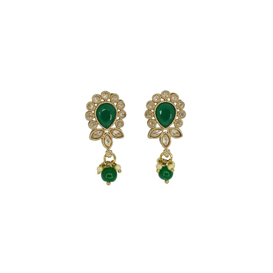 Saloni Fashion Jewellery Ethnic Oval and Leaf Design Gold Plated Green Kundan Stone Dangle Earring For Women and Girls