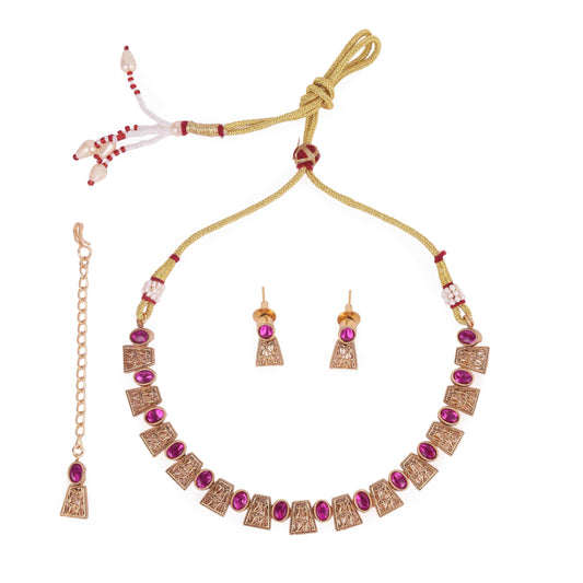 Saloni Fashion Jewellery Ethnic Rajwadi Gold Plated Choker Necklace Set With Maangtikka For Women and Girls
