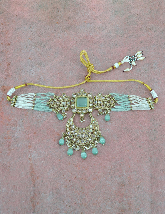 Saloni Fashion Jewellery Flower and Chandelier Shape Pearl Lariat Uncut Kundan Gold Plated Choker Necklace Set with Maangtikka For Women and Girls