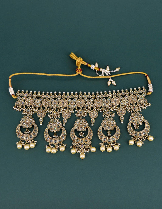 Saloni Fashion Jewellery Flower and Chandelier Shape Uncut Kundan Gold Plated Choker Necklace Set with Maangtikka For Women and Girls